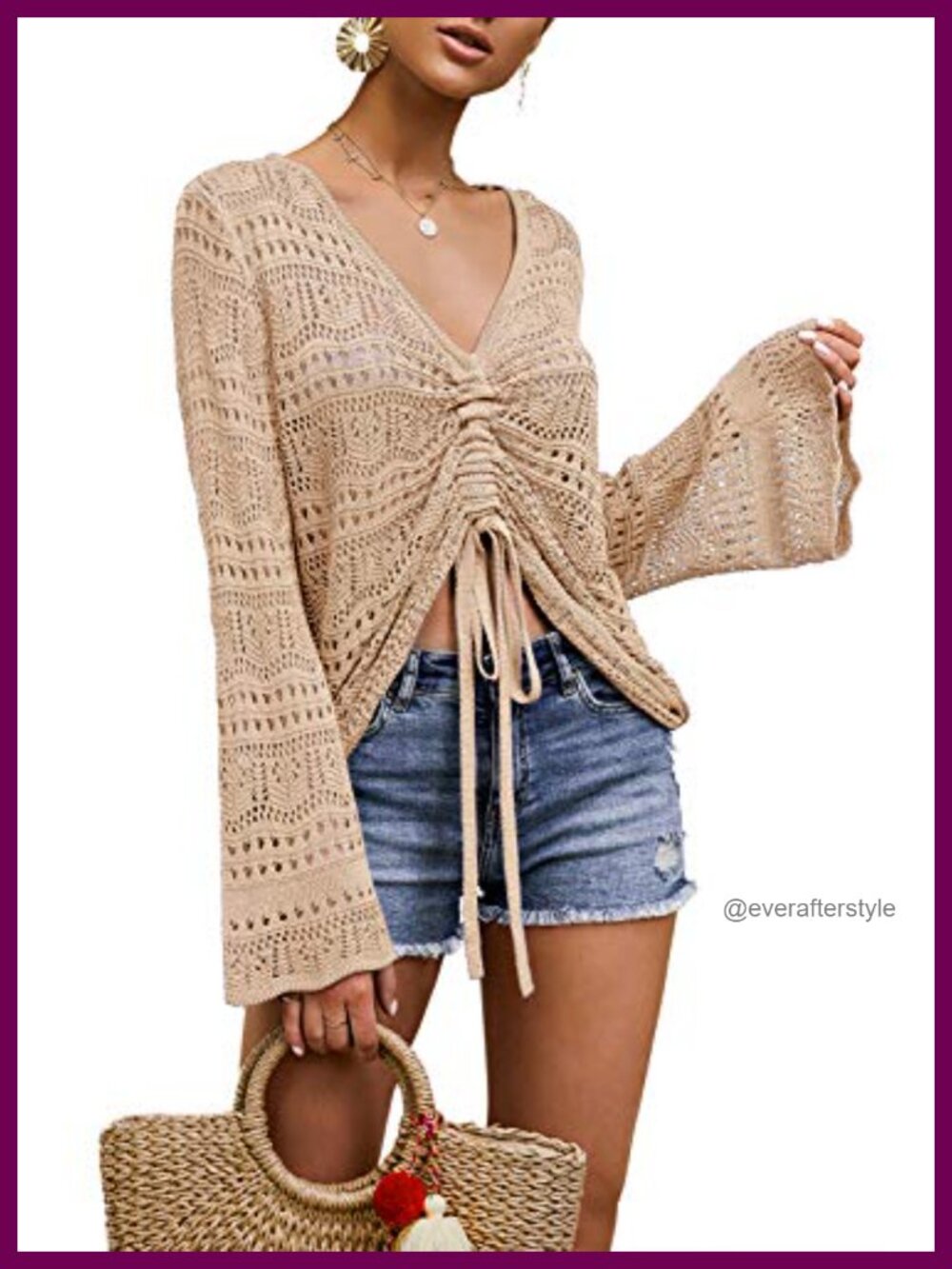 Knit Crochet Drawstring Cover Up Loose Fit Bell Sleeve